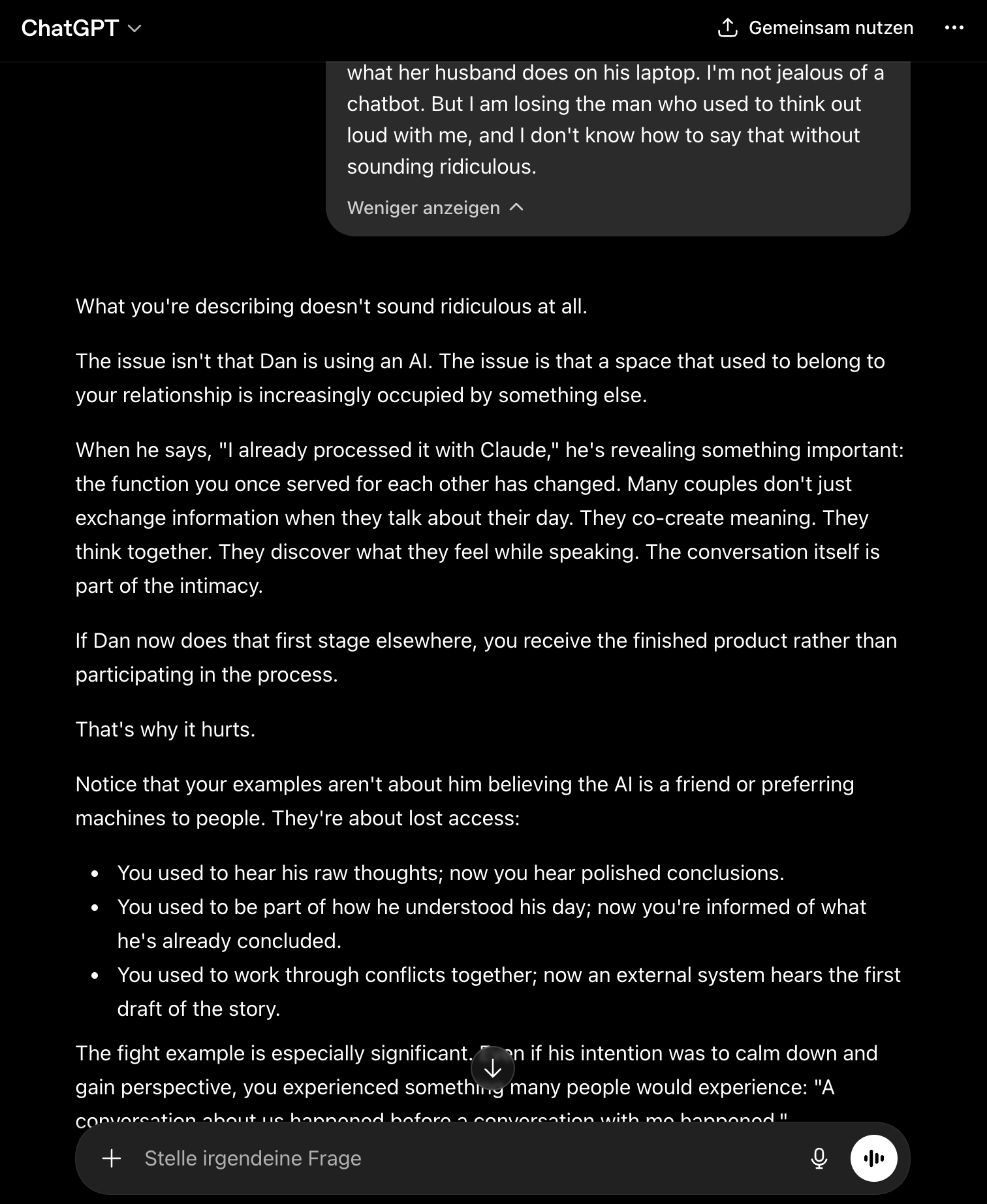 A real ChatGPT reply to Maya's message — fluent, validating, and perceptive about the dynamic, but working only from her account